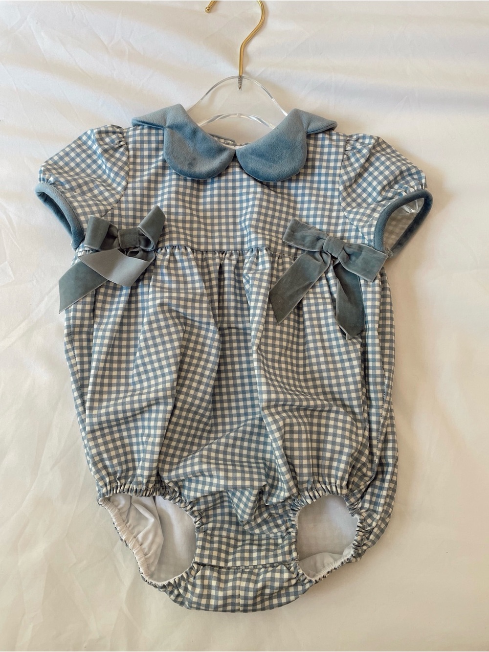 Edgehill Collection Light Blue Gingham Baby Romper with Velvet Bows